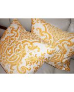 Fortuny fabric pillows CARNAVALET pattern Yellow White printed cotton new custom made PAIR 18.5 X 22.5 in