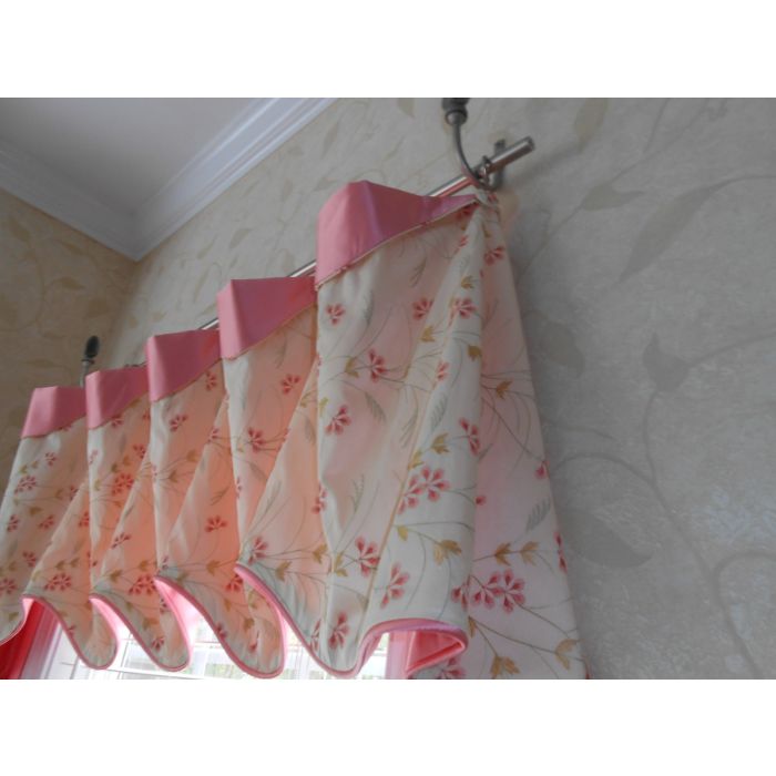 Cuff-Top Valance embroidered floral design Silk fabric pink ivory tones