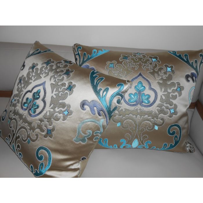 Tan & Aqua Blue Lumbar Pillow or Large Couch Pillows Set