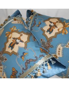 SCALAMANDRE fabric Throw pillows Ning Po printed cotton blue  yellow colors custom set of 3