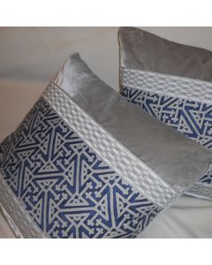 Silk velvet fabric throw pillows Fortuny fabric decor Simboli in Blue + trim Gray silk velvet new custom PAIR