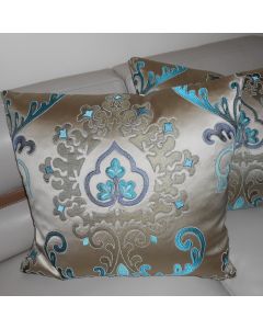 Texture fabric pillows DARLENE pattern embroidered Floral medallions blue tan new PAIR Set #1 ( large)