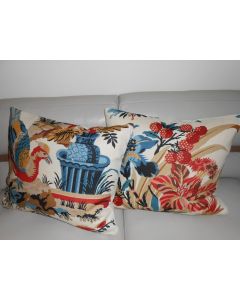 Brunschwig & Fils pillows Le Lac printed linen fabric red blue custom new PAIR