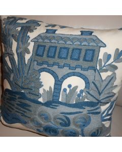 Schumacher fabric decorative pillow BOATHOUSE CREWEL white blue colors wool embroidery